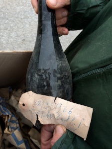 This bottle of 1966 Raboso del Piave was hidden in a wall by Antonio Bonotto's father nearly 47 years ago. It was broken when recent construction uncovered it.